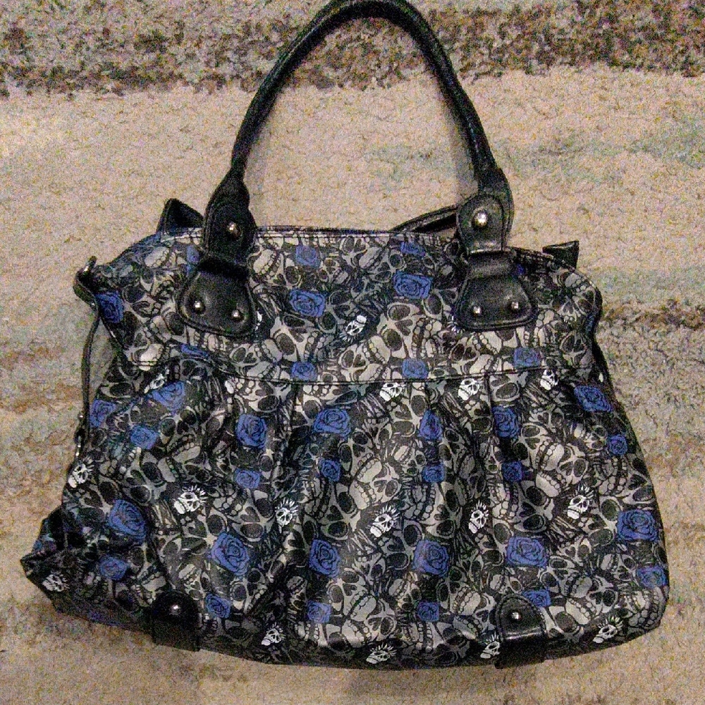 Blue Floral Tote Bag with Black Accents - Womens Bag